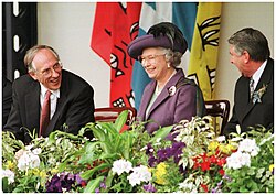Reconvening of the Scottish Parliament in July 1999 with Donald Dewar, first minister (left) and Queen Elizabeth II (centre)