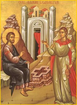 Orthodox icon of Photina, the Samaritan woman, meeting Jesus by the well.