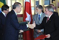 Lula with Turkish Prime Minister Recep Tayyip Erdoğan negotiated a failed 2010 Iran nuclear fuel swap deal