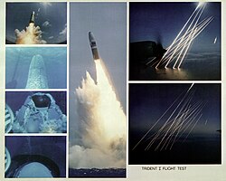 Montage of an inert test of a United States Trident SLBM (submarine launched ballistic missile), from submerged to the terminal, or re-entry phase, of the multiple independently targetable reentry vehicles