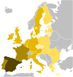 Percentage of people who self reportedly know enough Spanish to hold a conversation, in the EU, 2005 Native country More than 8.99% Between 4% and 8.99% Between 1% and 3.99% Less than 1%