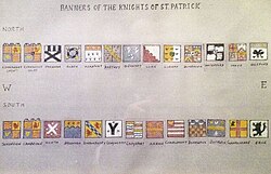 Wall tablet in the choir of St Patrick's Cathedral identifying the heraldic banners on display