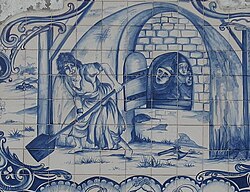 Azulejo tile image of Brites de Almeida killing Castilian soldiers