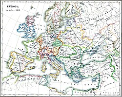 Map in German language Europe in year 1519; in the lower right corner the territory of Western Armenia (Armenien) is indicated, as well as the location of the cities of Erzurum (Erzirum) and Aleppo (Haleb) (Heinrich Kiepert, 1879)