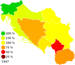 Map showing the economic development of the Yugoslav republics in 1947 as a deviation from the mean (Yugoslavia = 100 %).[dubious – discuss]