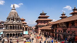 Patan Durbar Square, one of the three palace squares in the Kathmandu Valley, was built by the Mallas in the 17th century. The Durbar Squares are a culmination of over a millennium of development in Nepali art and architecture.