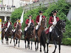 Lusitano riders of the Portuguese School of Equestrian Art, one of the "Big Four" most prestigious riding academies in the world, alongside the Cadre Noir, the Spanish Riding School, and the Royal Andalusian School.[1]