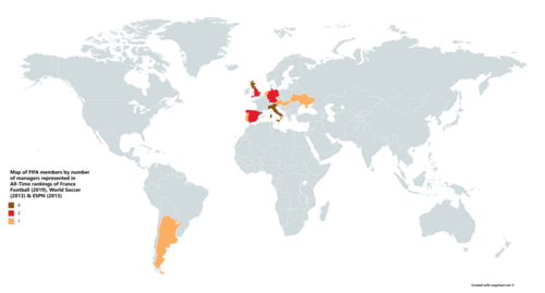 Map of FIFA members by number of managers ranked by France Football (2019), World Soccer (2013) and ESPN (2013)