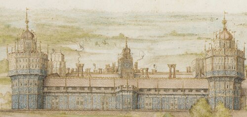 Detail of Georg Hoefnagel's 1568 watercolour of the south frontage of Nonsuch Palace, one of the only two good images - which differ considerably. The stucco reliefs are shown in blue-ish grey.