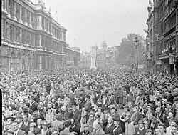 People gathered in Whitehall to hear Winston Churchill's victory speech, 8 May 1945