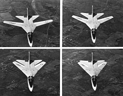 Black and white, four-photo series showing the sequence of a F-111A sweeping its wing for supersonic flight