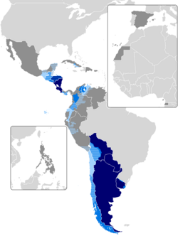 An examination of the dominance and stress of the voseo feature in Hispanic America. Data generated as illustrated by the Association of Spanish Language Academies. The darker the area, the stronger its dominance.