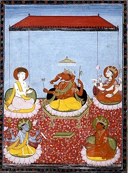 A Ganesha-centric Panchayatana ("five deities", from the Smarta tradition): Ganesha (centre) with Shiva (top left), Parvati (top right), Vishnu (bottom left) and Surya (bottom right). All these deities also have separate sects dedicated to them.