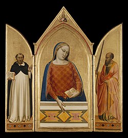The Virgin Mary with s. Paul and s. Thomas Aquinas (altarpiece portable to triptych, to tempera on wood, work by Bernardo Daddi, c. 1330). The Virgin Mary holds in her hand a text that contains the first words of the Magnificat, while Thomas, author of one of the most important medieval commentaries on the Pauline epistolary, holds one of his works in his hand.