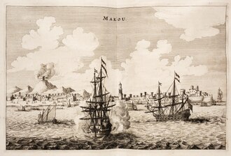 Dutch ships firing their cannons in the waters of Macau, drawn in 1665