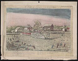 The Battle of Lexington, April 19th, 1775. Blue coated militiamen in the foreground flee from the volley of gunshots from the red coated British Army line in the background with dead and wounded militiamen on the ground.