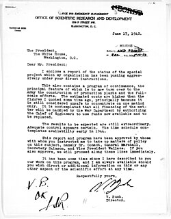 Cover letter written by Vannevar Bush, forwarding the report on "Atomic Fission Bombs" to President Franklin Roosevelt in 1942, recommending the approval of a crash program to build an atomic bomb. Roosevelt approved it by writing on the front of it: "V.B. OK. FDR."