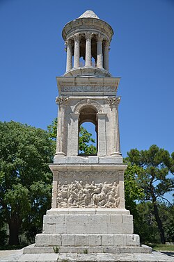 The Mausoleum of Glanum in Saint-Rémy-de-Provence, France, erected circa 40 BC in honor of a Roman citizen and army veteran who fought during the Gallic Wars and inherited the family name of Julius Caesar (gens Julia)