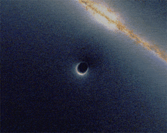 Simulated gravitational lensing (black hole passing in front of a background galaxy)