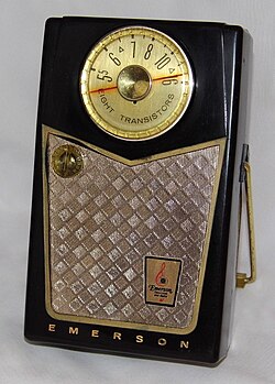 The transistor radio (1958 Emerson pictured) introduced FM radio and rock and roll music to baby boomer children in American households.