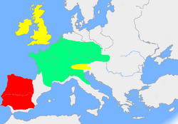 Approximate area of Celtic influence in the 4th century BC, showing the Gauls in green, Celtiberians in red, and other Celtic language groups in yellow.