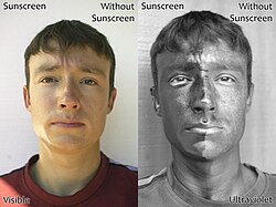 Demonstration of the effect of sunscreen. The left image is a regular photograph of his face; the right image is of reflected UV light. The man's face has sunscreen on his right side only. It appears darker because the sunscreen absorbs the UV light.