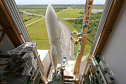 An Ariane 5 rocket being processed at the Guiana Space Centre; the launch site is estimated to account for as much as 16% of French Guiana's GDP