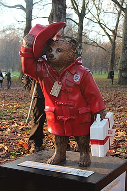 Beckham's England national football team-themed Paddington Bear statue – "Golden Paws" – in London, auctioned to raise funds for the NSPCC