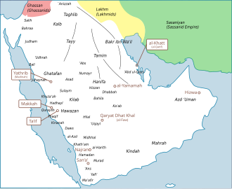Approximate locations of some of the important tribes of the Arabian Peninsula in the late 6th century. The Banu Kilab are denoted in the western, middle area of the peninsula.