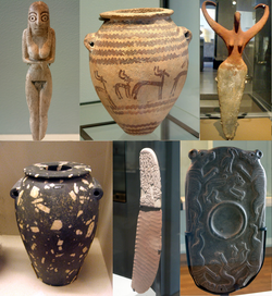 Clockwise: a Badarian mortuary figurine, a Naqada jar, a Naqada statuette of the goddess Bat, the Four dogs palette, the Gebel el-Arak Knife, and a Naqada diorite vase.