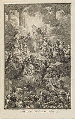 "If there is something you know, communicate it. If there is something you don't know, search for it." An engraving from the 1772 edition of the Encyclopédie; Truth (center) is surrounded by light and unveiled by the figures to the right, Philosophy and Reason.