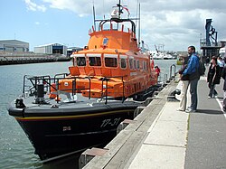 The seaworthy bow of a Severn class lifeboat in Poole