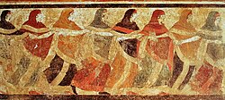 Fresco of dancing Peucetian women in the Tomb of the Dancers in Ruvo di Puglia, 4th–5th century BC