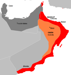 The split between the interior region (orange) and the coastal region (red) of Oman and Muscat