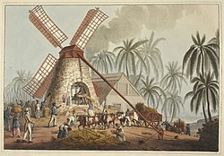 Lithograph of sugarcane being ground using a windmill on a sugar plantation in the British colony of Antigua, 1823
