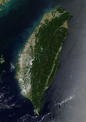 A satellite image of Taiwan, showing it is mostly mountainous in the east, with gently sloping plains in the west. The Penghu Islands are west of the main island.