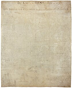 The signed Declaration of Independence, now badly faded because of poor preservation practices during the 19th century, is on display at the National Archives in Washington, D.C.