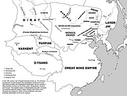Map Manchuria under Ming rule in 1616, the homeland of the Jurchens who became the Manchus and founded Later Jin (1616–1636)