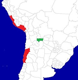 Zones of pisco production as established by Peruvian and Chilean law in red; the Department of Tarija, Bolivia, where most singani is produced in green