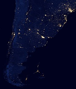 View of the Southern Cone at night, where there are population densities in the accumulation of light from cities.
