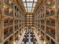 The interior of George Peabody Library at the Peabody Institute at Johns Hopkins University