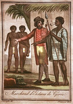An African slave trader sells two slaves to a European