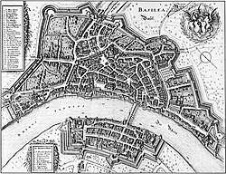 Map of Basel in 1642, engraved by Matthäus Merian, oriented with SW at the top and NE at the bottom