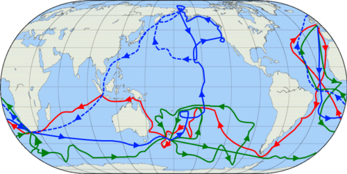 The routes of Royal Navy Captain James Cook's three voyages