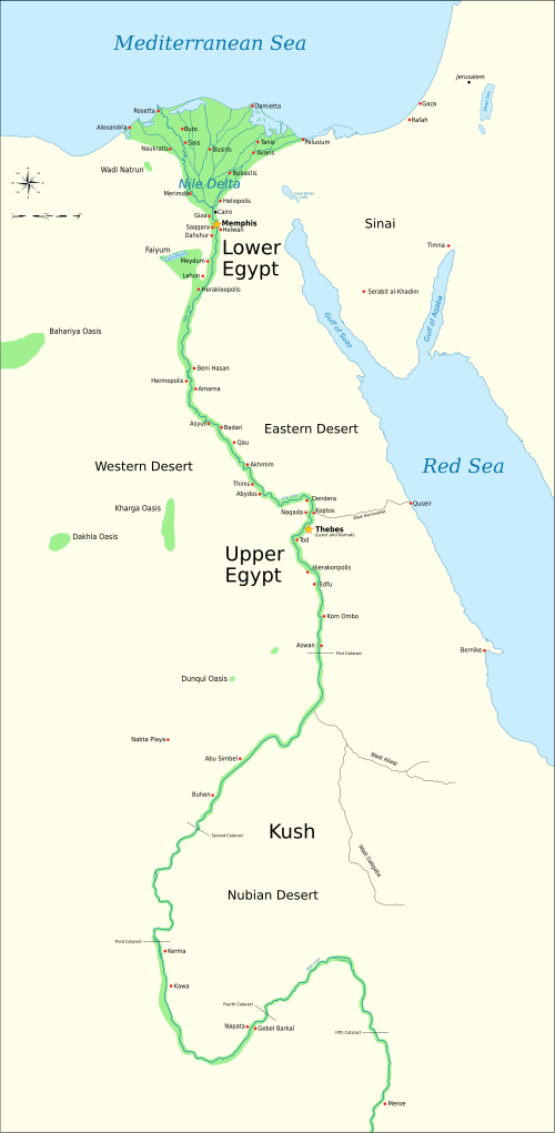 Map of ancient Egypt, showing major cities and sites of the Dynastic period (c. 3150 BC to 30 BC)