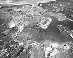 Pearl Harbor on October 30, 1941, a month before the attack, with Ford Island visible (in the center)