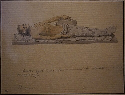 Drawing of the body of Louis XV as it appeared during the exhumation that took place amid the desecration of the royal tombs during the Revolution, 19 years after his death