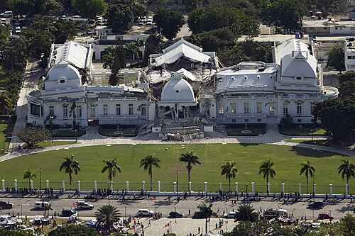 The Haitian National Palace, located in Port-au-Prince, heavily damaged after the earthquake of 2010. This was originally a two-story structure; the second story completely collapsed.