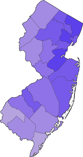 New Jersey counties by population as of 2020 with darker colors indicating a higher population