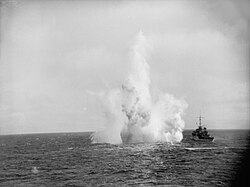 HMS Kite of Escort Group 2 conducting a depth charge attack